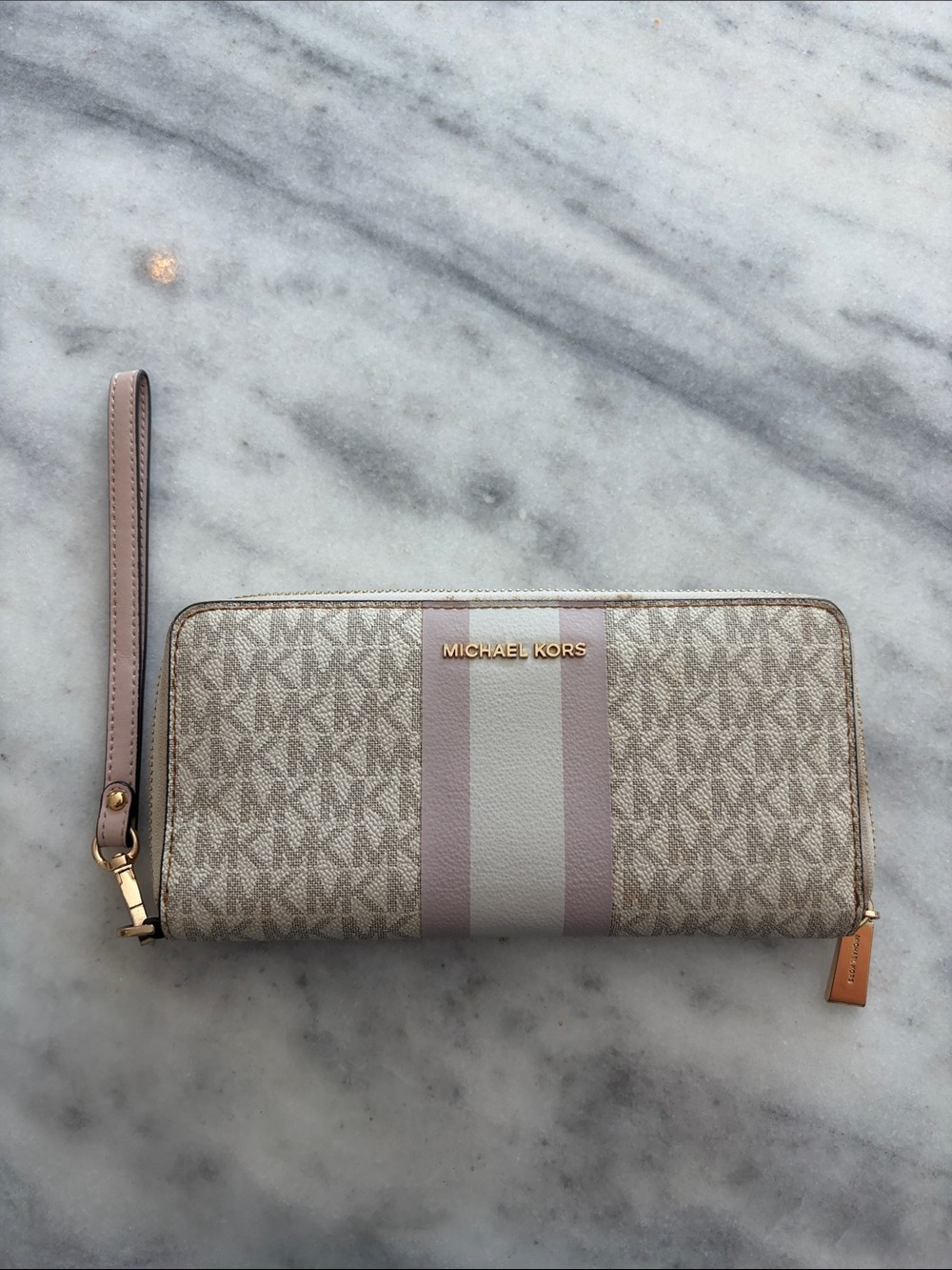 Michael Kors Beige and Pink Signature Stripe Wristlet Wallet